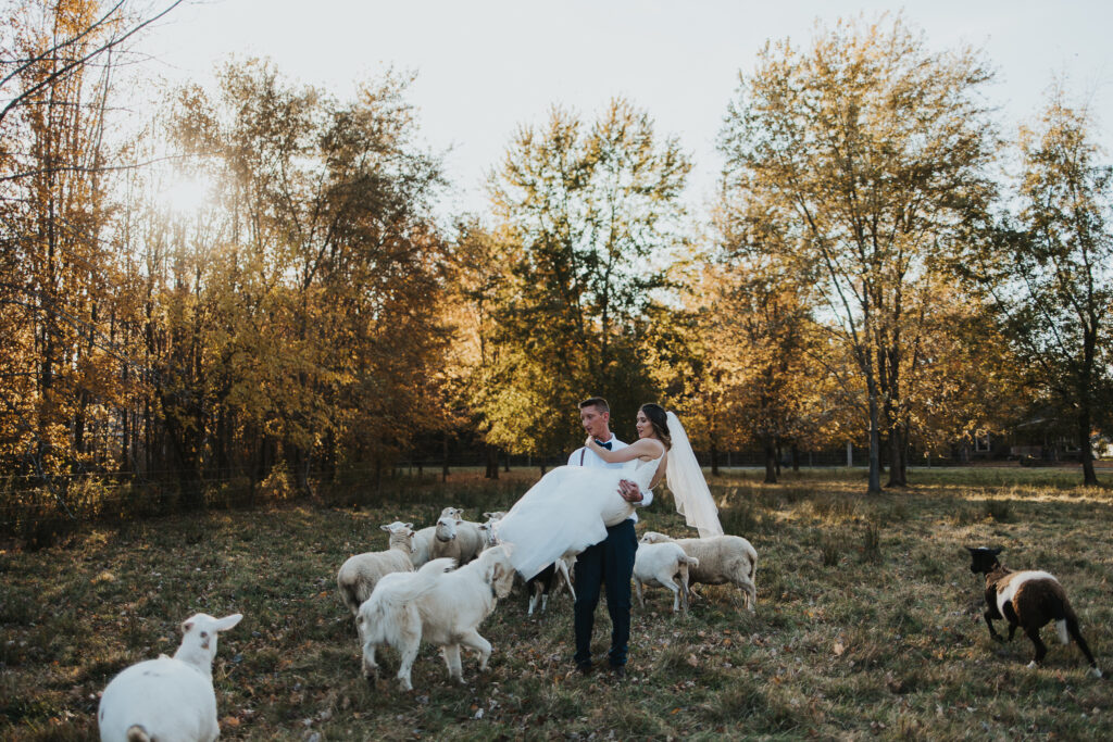 couple pose in the middle of the field with farm animals around them