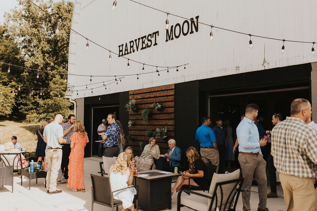 cocktail hour on outdoor patio at Harvest Moon wedding