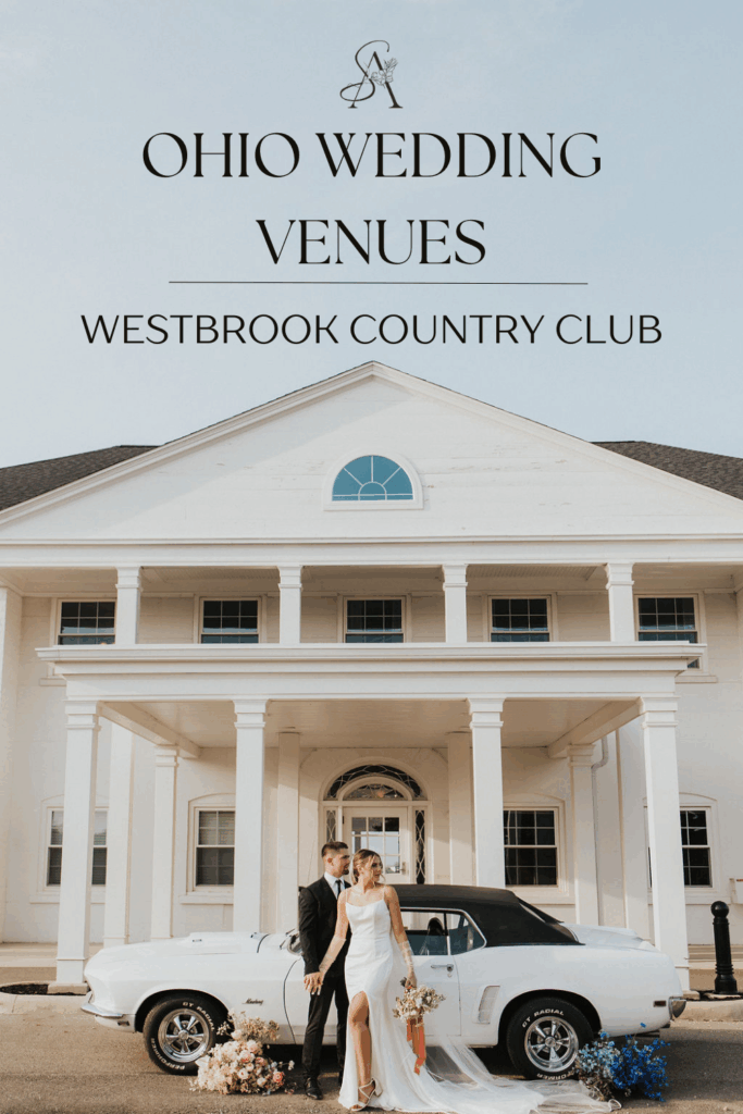 couple poses with car in front of Westbrook Country Club